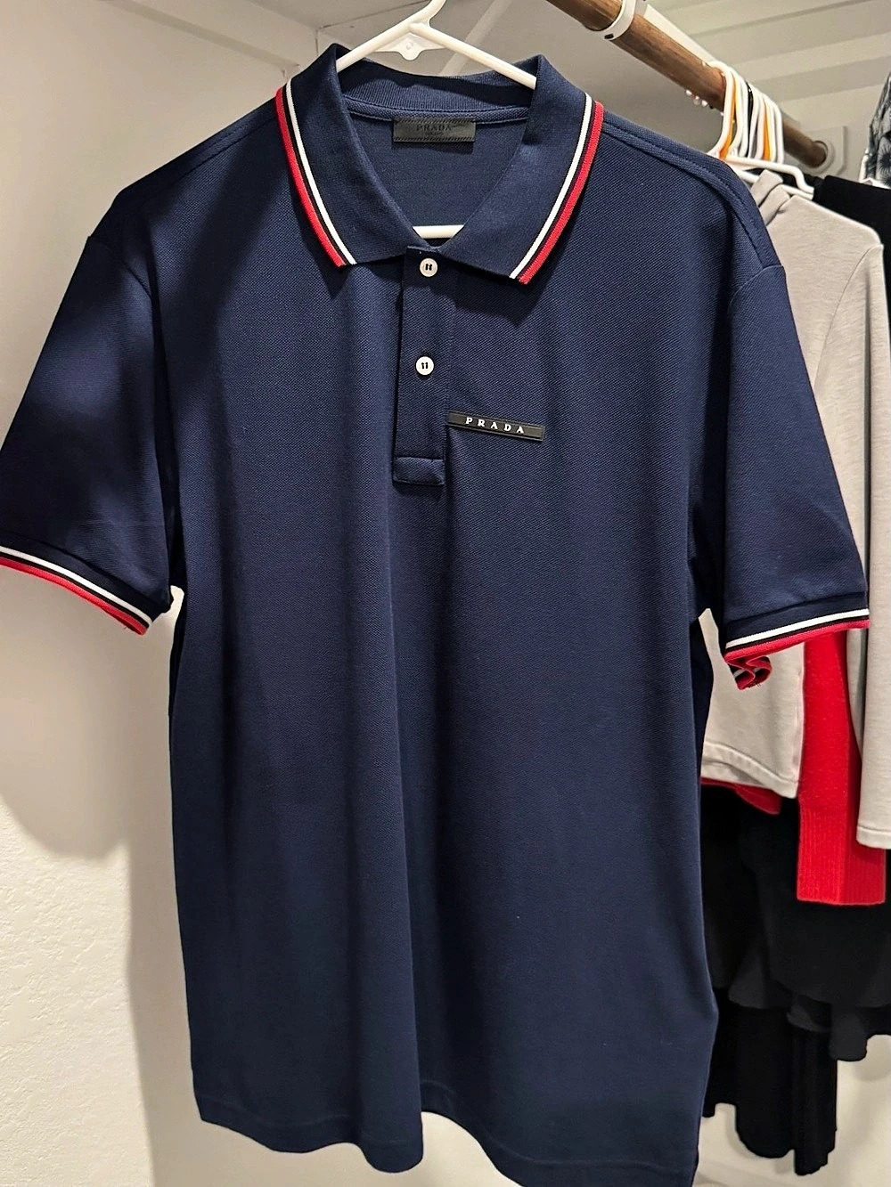 Prada Men's Blue Polo Shirt Red Trim**Like New